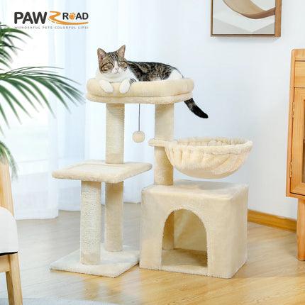PEQULTI Kattentoren Grijs/Beige | Kleine Kattentoren voor Binnen | Sisal Krabpaal | Comfortabele Condo Hangmat | Drie lagen | Kattenkrabber | Kattenaccessoires | Kattenspeelgoed | Hout | 2-in-1 Design
