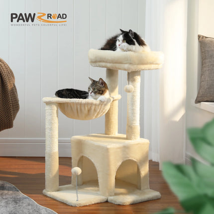 PEQULTI Kattentoren Grijs/Beige | Kleine Kattentoren voor Binnen | Sisal Krabpaal | Comfortabele Condo Hangmat | Drie lagen | Kattenkrabber | Kattenaccessoires | Kattenspeelgoed | Hout | 2-in-1 Design