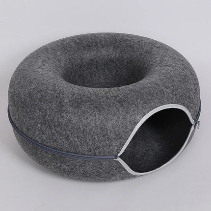 Donut- en Tunnelbed combinatie voor katten | Comfortabel en speels ontwerp in meerkleurig wolvilt | Opvouwbaar en ideaal voor kleine huisdieren
