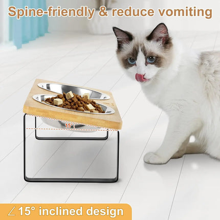 DinePaws Dubbele Voerbakken voor Katten en Kleine Honden | RVS Kommen met Houten en Bamboe Voet | Ergonomisch en Makkelijk Schoon te Maken