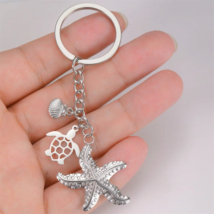 Sleutelhanger oceaan thema| RVS sleutelring met schildpad, zeester en schelp| Zomer accessoire voor rugzak| Cadeau voor strandliefhebbers| Unisex| My Shape