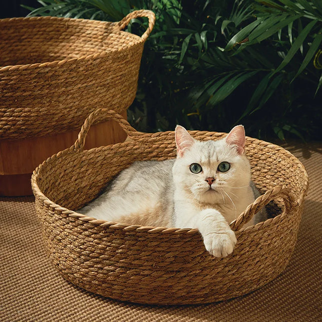 Ronde Rattan Mand | Ademend Huisdierenbed | Katten en Puppy's | Zomerkoel Bamboe Weefhuis | Comfortabel Slaaphol | Dierenvriendelijk ontwerp