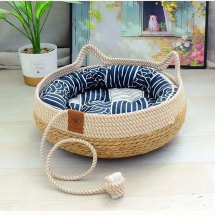 OUZEY Rieten Huisdier Mand | Comfortabel Ademend | Katoen | Ronde Mand voor Katten en Kleine Honden | Seizoensgebonden Dierenhuis | Perfect voor Rust en Slaap | Huisdieraccessoires uit China