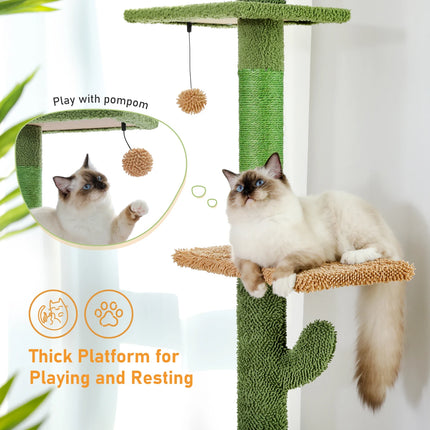 Kratspaal voor Katten | 5-Laagse Klimtoren tot Plafond | Cactusvormig Design | Krabpalen | Hangmat & Speelbal | PETEPELA