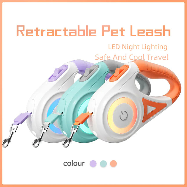 LED-Verlichte Automatische Lijn | 5 Meter | Comfortabele Grip, Zichtbaar in het Donker | Geschikt voor Honden en Katten tot 35 kg | Kleuren: Oranje, Paars, Groen