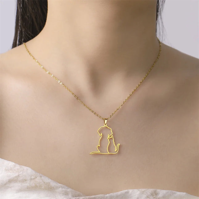 Hond en Kat Hanger Ketting voor Dames | Roestvrijstalen Ketting | Schattige Puppy & Kitten Dieren Sieraad | Cadeau voor Dierenliefhebbers | Anti-allergisch | 45+5cm | Goud & Zilver