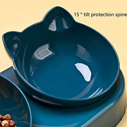 Kattenvoerbak en Waterbak 3-in-1 met Oorontwerp | Licht Hellende Kommen | Geïntegreerde Waterfles 500 ml | Kunststof | Eenvoudig te Reinigen