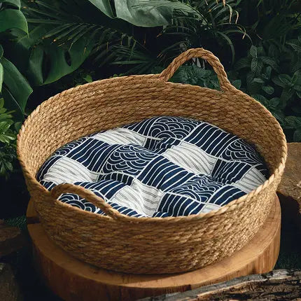 Ronde Rattan Mand | Ademend Huisdierenbed | Katten en Puppy's | Zomerkoel Bamboe Weefhuis | Comfortabel Slaaphol | Dierenvriendelijk ontwerp