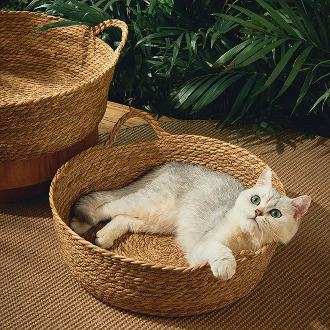 Ronde Rattan Mand | Ademend Huisdierenbed | Katten en Puppy's | Zomerkoel Bamboe Weefhuis | Comfortabel Slaaphol | Dierenvriendelijk ontwerp
