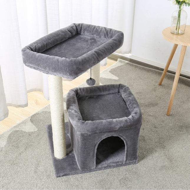 PAWZ Road Kattenboom | Grijs/Beige | Drie Lagen | Hout & Pluche | Inclusief Krabpalen met Sisaltouw | 68cm Hoog | Ruime Condos & Ligplaatsen | Geschikt voor Binnen | Verwijderbare Speelmuis | Stabiel en Veilig
