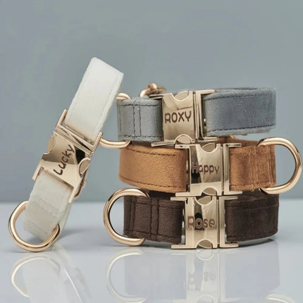 Fluwelen Hondenhalsband Ritssluitset | Gepersonaliseerd | Meerdere Kleuren | Bruin Grijs Wit | Metalen Gesp | Hondenriem | Bruiloft Geschikt