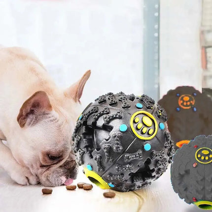 Zwarte Voerdispenser voor Honden met Geluidseffect | Ribbelstructuur voor Tandverzorging | Veilig Vinyl | 9x9x9 cm
