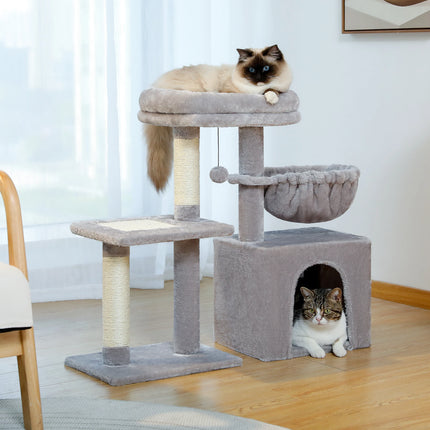 PEQULTI Kattentoren Grijs/Beige | Kleine Kattentoren voor Binnen | Sisal Krabpaal | Comfortabele Condo Hangmat | Drie lagen | Kattenkrabber | Kattenaccessoires | Kattenspeelgoed | Hout | 2-in-1 Design