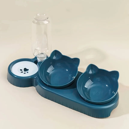Kattenvoerbak en Waterbak 3-in-1 met Oorontwerp | Licht Hellende Kommen | Geïntegreerde Waterfles 500 ml | Kunststof | Eenvoudig te Reinigen