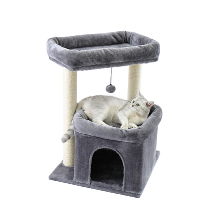 PAWZ Road Kattenboom | Grijs/Beige | Drie Lagen | Hout & Pluche | Inclusief Krabpalen met Sisaltouw | 68cm Hoog | Ruime Condos & Ligplaatsen | Geschikt voor Binnen | Verwijderbare Speelmuis | Stabiel en Veilig