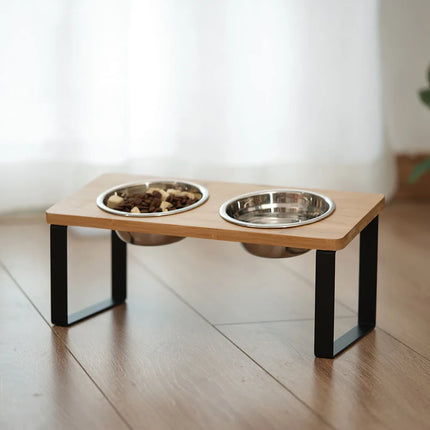 DinePaws Dubbele Voerbakken voor Katten en Kleine Honden | RVS Kommen met Houten en Bamboe Voet | Ergonomisch en Makkelijk Schoon te Maken