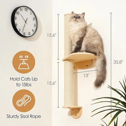MEWOOFUN Krabmeubel Kattenwand | Natuurlijk Hout | Wandgemonteerd | Ruimtebesparend | Stijlvol Interieur | Katten Krabwand | Moderne Kattenmeubels | Duurzaam Sisal | Kattenklimrek | Eenvoudig te Monteren