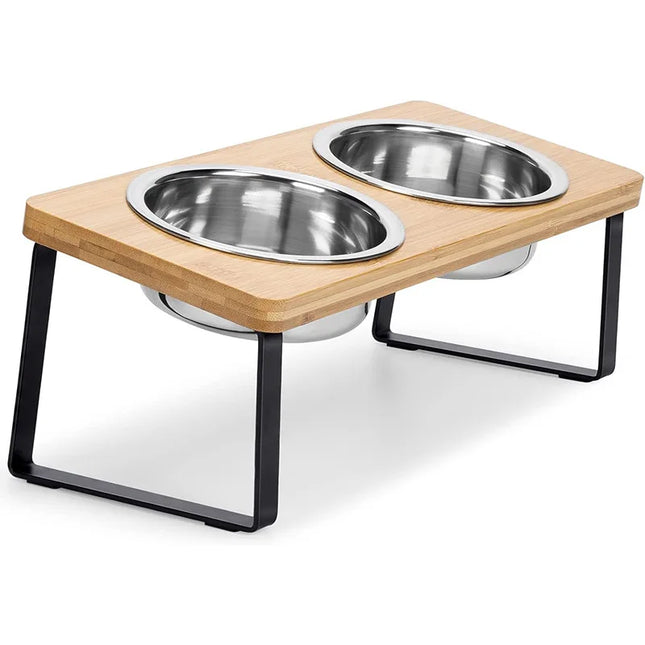 DinePaws Dubbele Voerbakken voor Katten en Kleine Honden | RVS Kommen met Houten en Bamboe Voet | Ergonomisch en Makkelijk Schoon te Maken