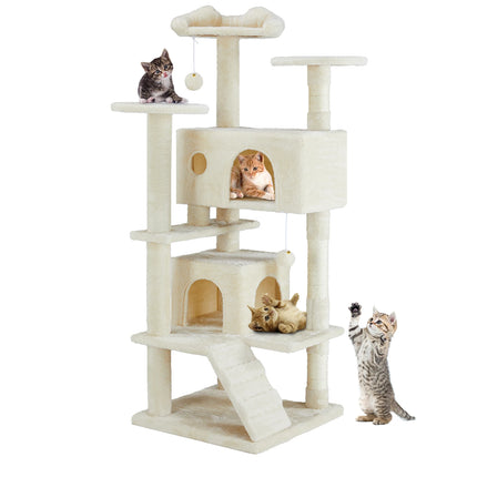 JHK Kattenmeubel | Houten Kattentoren 4-laags | Speelhuis met Sisal Krabpalen | Stabiele Kattenboom | Binnenhuis Dierenspeelgoed | Pluche Bekleding | Muurbevestiging Optie