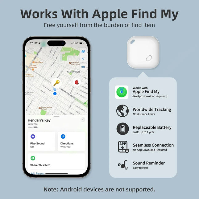 Mini GPS Tracker | Vind Mijn Sleutels, Kind & Huisdier | Compatibel met Apple iOS | Waterbestendig | Geluidsfunctie | Tot 1 Jaar Batterijduur