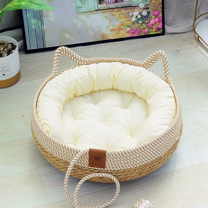 OUZEY Rieten Huisdier Mand | Comfortabel Ademend | Katoen | Ronde Mand voor Katten en Kleine Honden | Seizoensgebonden Dierenhuis | Perfect voor Rust en Slaap | Huisdieraccessoires uit China