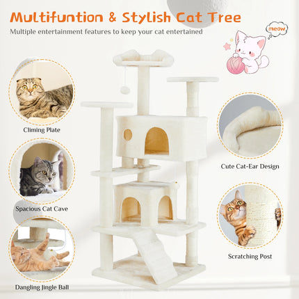 JHK Kattenmeubel | Houten Kattentoren 4-laags | Speelhuis met Sisal Krabpalen | Stabiele Kattenboom | Binnenhuis Dierenspeelgoed | Pluche Bekleding | Muurbevestiging Optie