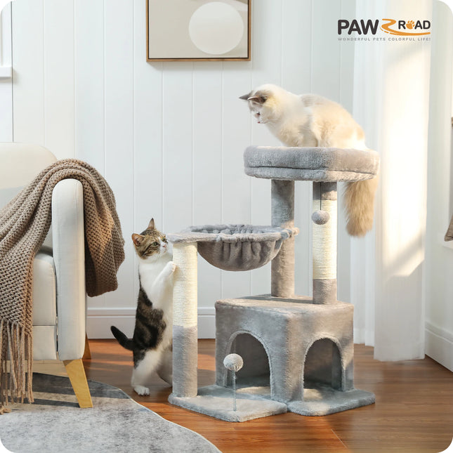 PEQULTI Kattentoren Grijs/Beige | Kleine Kattentoren voor Binnen | Sisal Krabpaal | Comfortabele Condo Hangmat | Drie lagen | Kattenkrabber | Kattenaccessoires | Kattenspeelgoed | Hout | 2-in-1 Design