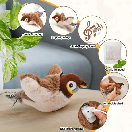 Interactieve Piepende Vogel Speelgoed | Kattenkruid | Oplaadbaar via USB | Fladderend Pluche | Aanraak Geactiveerd | Huisdierenplezier | Guangdong