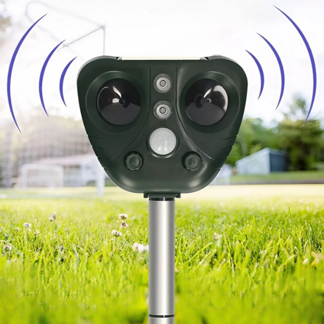 Sistema disuasorio ultrasónico con energía solar | Resistente al agua IP44 | 5 modos | Ecológico | Alcance de hasta 9 m | Para jardín y granja | Indicadores LED
