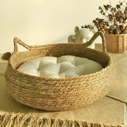 OUZEY Kattenmand Rattan Gevlochten | Kattenbed Rond | Warm en Comfortabel | Inclusief Kussen | Geschikt Voor Katten en Kleine Honden | Meerdere Kleuren | Gemaakt Van Hout