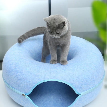 Donut- en Tunnelbed combinatie voor katten | Comfortabel en speels ontwerp in meerkleurig wolvilt | Opvouwbaar en ideaal voor kleine huisdieren