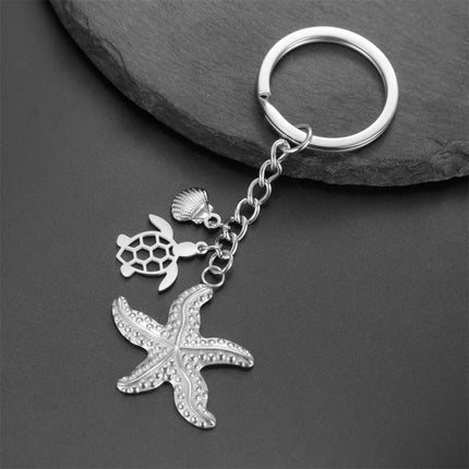 Sleutelhanger oceaan thema| RVS sleutelring met schildpad, zeester en schelp| Zomer accessoire voor rugzak| Cadeau voor strandliefhebbers| Unisex| My Shape