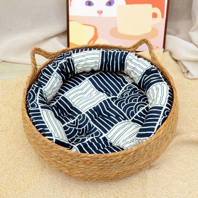 OUZEY Kattenmand Rattan Gevlochten | Kattenbed Rond | Warm en Comfortabel | Inclusief Kussen | Geschikt Voor Katten en Kleine Honden | Meerdere Kleuren | Gemaakt Van Hout