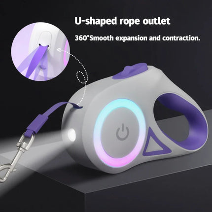 LED-Verlichte Automatische Lijn | 5 Meter | Comfortabele Grip, Zichtbaar in het Donker | Geschikt voor Honden en Katten tot 35 kg | Kleuren: Oranje, Paars, Groen