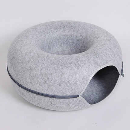 Donut- en Tunnelbed combinatie voor katten | Comfortabel en speels ontwerp in meerkleurig wolvilt | Opvouwbaar en ideaal voor kleine huisdieren