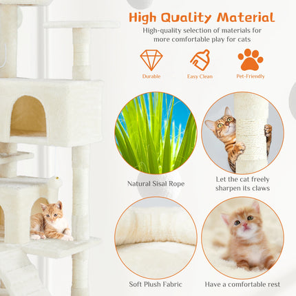 JHK Kattenmeubel | Houten Kattentoren 4-laags | Speelhuis met Sisal Krabpalen | Stabiele Kattenboom | Binnenhuis Dierenspeelgoed | Pluche Bekleding | Muurbevestiging Optie