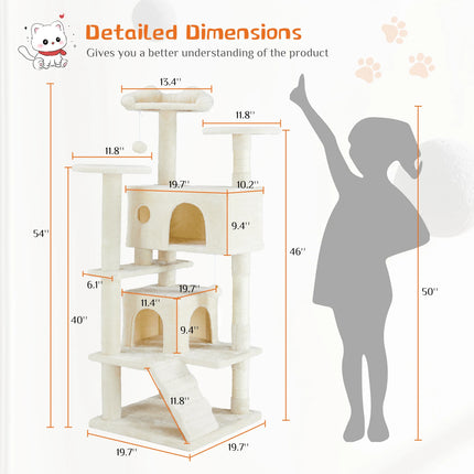 JHK Kattenmeubel | Houten Kattentoren 4-laags | Speelhuis met Sisal Krabpalen | Stabiele Kattenboom | Binnenhuis Dierenspeelgoed | Pluche Bekleding | Muurbevestiging Optie