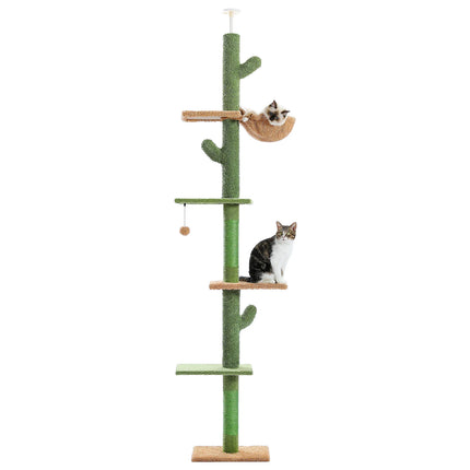 Kratspaal voor Katten | 5-Laagse Klimtoren tot Plafond | Cactusvormig Design | Krabpalen | Hangmat & Speelbal | PETEPELA