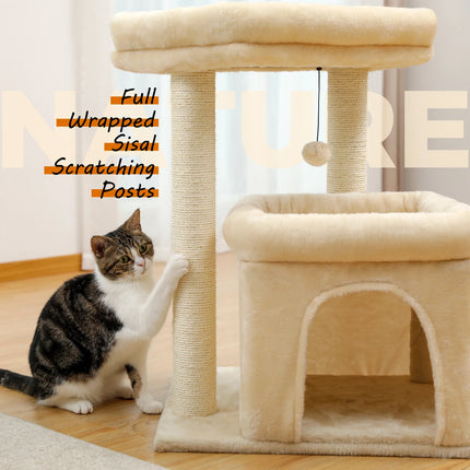 PAWZ Road Kattenboom | Grijs/Beige | Drie Lagen | Hout & Pluche | Inclusief Krabpalen met Sisaltouw | 68cm Hoog | Ruime Condos & Ligplaatsen | Geschikt voor Binnen | Verwijderbare Speelmuis | Stabiel en Veilig