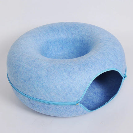 Donut- en Tunnelbed combinatie voor katten | Comfortabel en speels ontwerp in meerkleurig wolvilt | Opvouwbaar en ideaal voor kleine huisdieren
