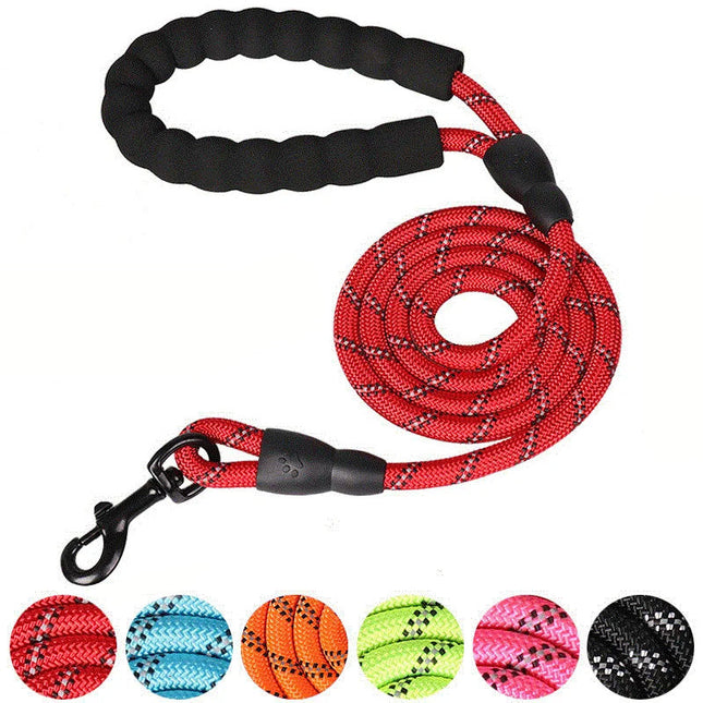 Reflecterende Nylon Hondenlijn | Sterk en Duurzaam | Comfortabele Gewatteerde Handgreep | Maten: 150cm, 200cm, 300cm | Kleuren: Oranje, Blauw, Rood, Groen, Paars, Roze, Zwart