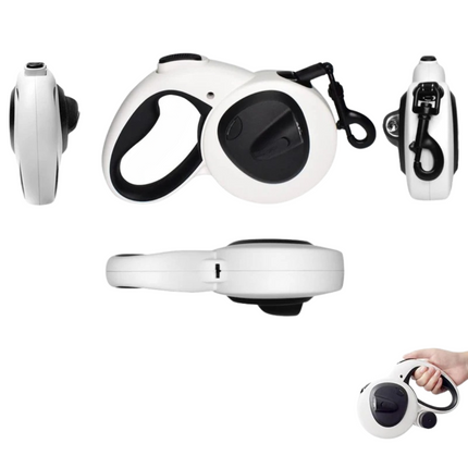 Intrekbare Hondenriem 5m | Ingebouwde LED Zaklamp | Inclusief Poepzakjesdispenser | Veilig Wandelen | Kunststof en Nylon | Geschikt voor Alle Hondenmaten | Wit