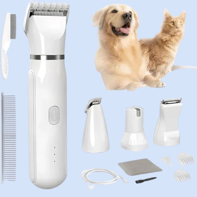 PurrfectTrim huisdier trimset | 4-in-1 stille verzorgingsset | Vachttrimmer en nagelvijl voor hond en kat | Drie verwisselbare trimkoppen | Veilig en geschikt voor alle vachtsoorten