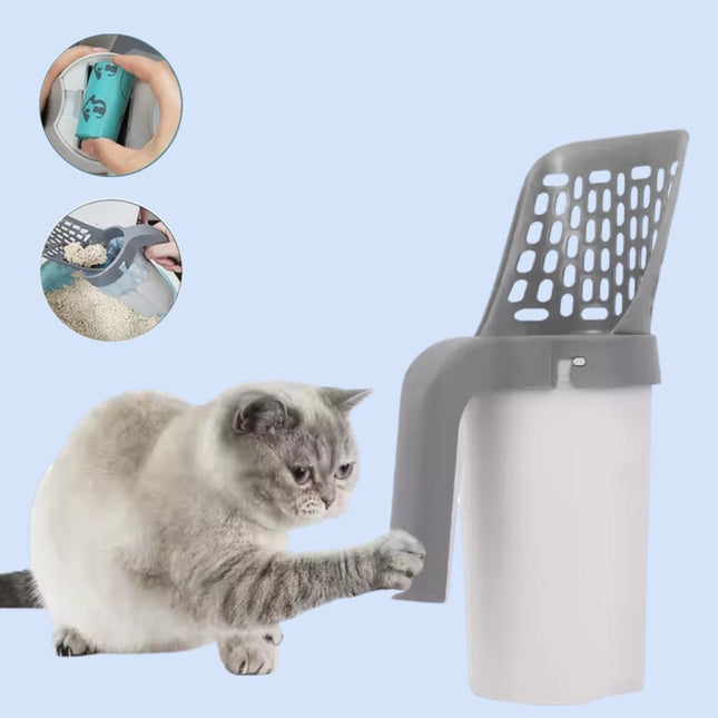 PurrEase kattenbakschep met ingebouwde afvalbak | Royaal en ergonomisch schepje voor snelle en hygiënische kattenbakreiniging | Duurzaam kunststof | Grijs