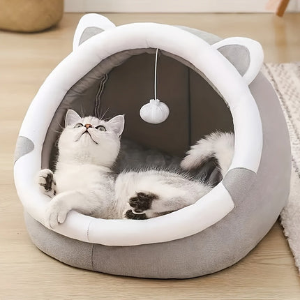 Kattenhuisje van zacht synthetisch materiaal | Met hangende speelbal | Verschillende maten | Comfortabel bed voor katten tot 7 kg | Modern ontwerp