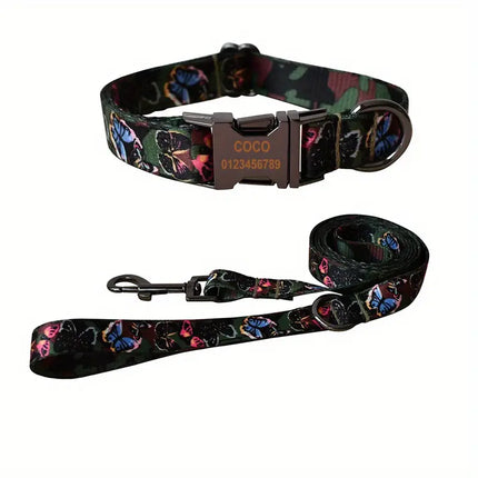 Gepersonaliseerde katoenen set met gegraveerd identificatie-label | Verstelbare halsband en bijpassende lijn voor stijlvolle veilige wandelingen | Maten S-XL