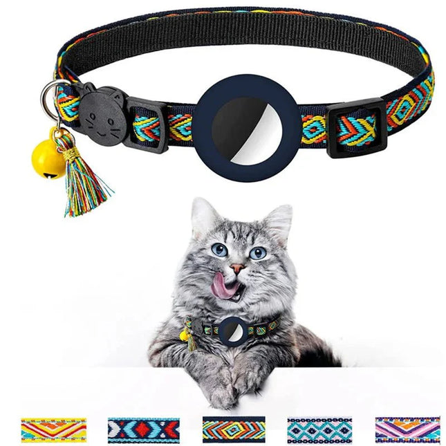 Collar reflectante de nailon para gatos | Soporte para AirTag | Seguridad y seguimiento | Timbre | Ajustable | Compatible con la app Find My | Apto para gatitos y gatos adultos | Cómodo y duradero | Visibilidad nocturna
