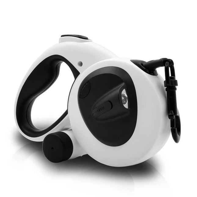 Intrekbare Hondenriem 5m | Ingebouwde LED Zaklamp | Inclusief Poepzakjesdispenser | Veilig Wandelen | Kunststof en Nylon | Geschikt voor Alle Hondenmaten | Wit