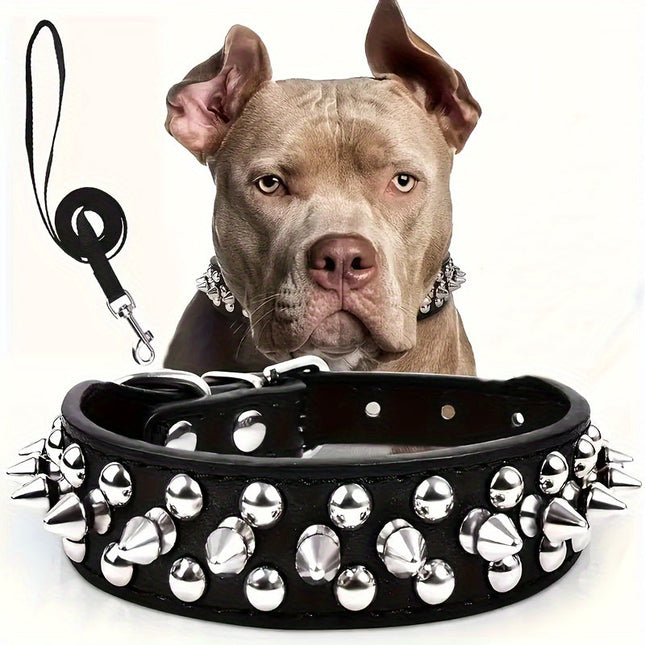 Verstelbare Spiked Hondenhalsband met Metalen Studs | Faux Leer | Inclusief Leiband | Voor Middelgrote en Grote Honden | Duurzaam en Comfortabel | Veilig voor Wandelen en Training