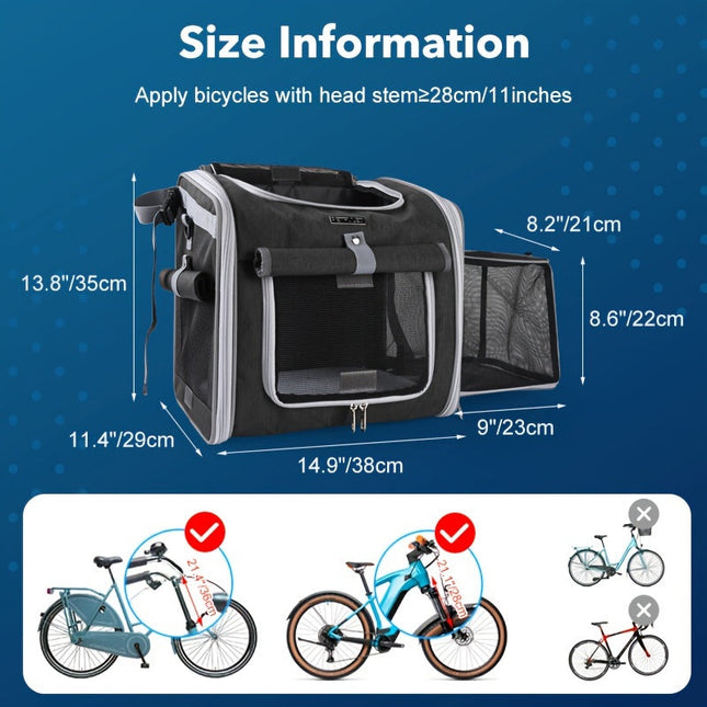 Uitbreidbare fietsmand voor huisdieren | Voor kleine honden en katten tot 8 kg | Ademend polyester | 4 mesh-vensters | Snel te bevestigen op fiets | Geschikt voor stuurpen vanaf 28 cm